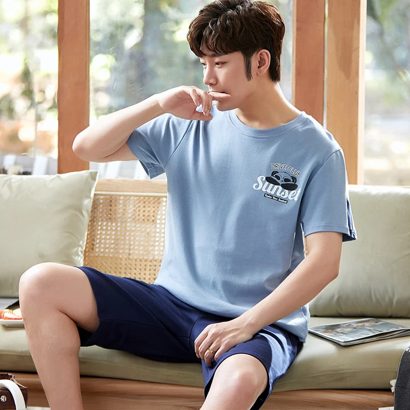 

Summer Men Pajamas Set Cotton Short Sleeved Men's T-shirts Nightwear Fashion Plus Size Blue Cartoon Panda Print Sleepwear Male