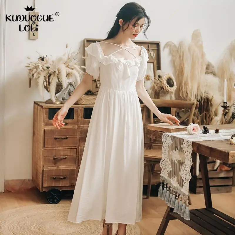 Женское летнее платье в стиле ретро милое белое ТРАПЕЦИЕВИДНОЕ миди с пышными