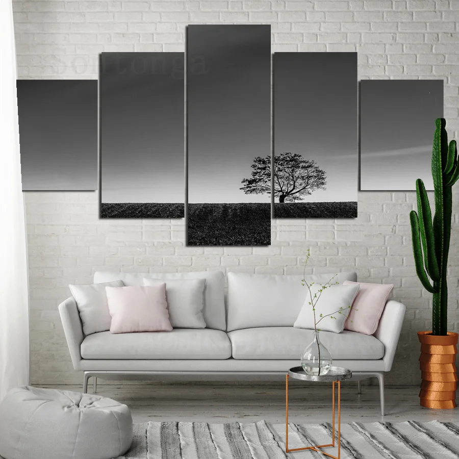 

Canvas Painting Grassland A Tree Gray Tone Wall Stickers Art Nordic Decorative Painting Simple Style Modern Living Room Corridor