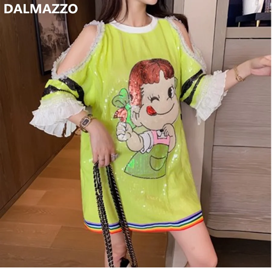 Женское свободное мини платье с принтом и блестками подиумное рукавом без