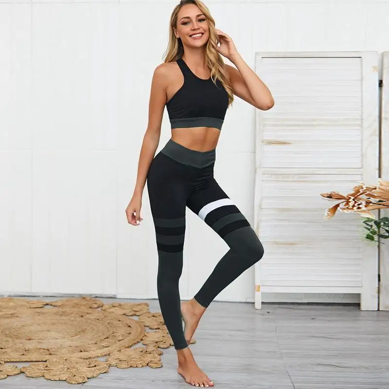

Fashion Patchwork Fitness Tracksuit Women Mesh Two Piece Set Crop Top And Sporting Pants Workout Leggings Suits Jogging Femme