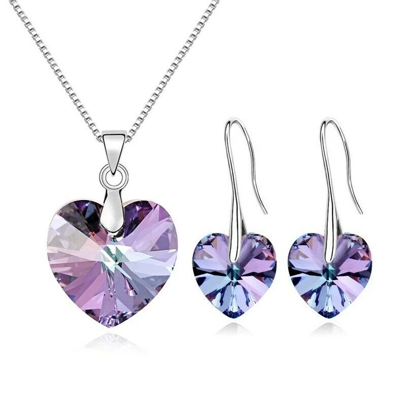 

Women's Silver Purple Zircon Heart Pendant Necklace Earrings Jewelry Set