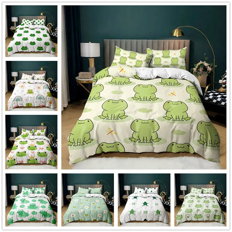 Animal Frogs Duvet Cover Set Queen Soft Lightweight Polyester Microfiber Cartoon Frog Pattern Bedding for Kids Boys Girls | Дом и сад