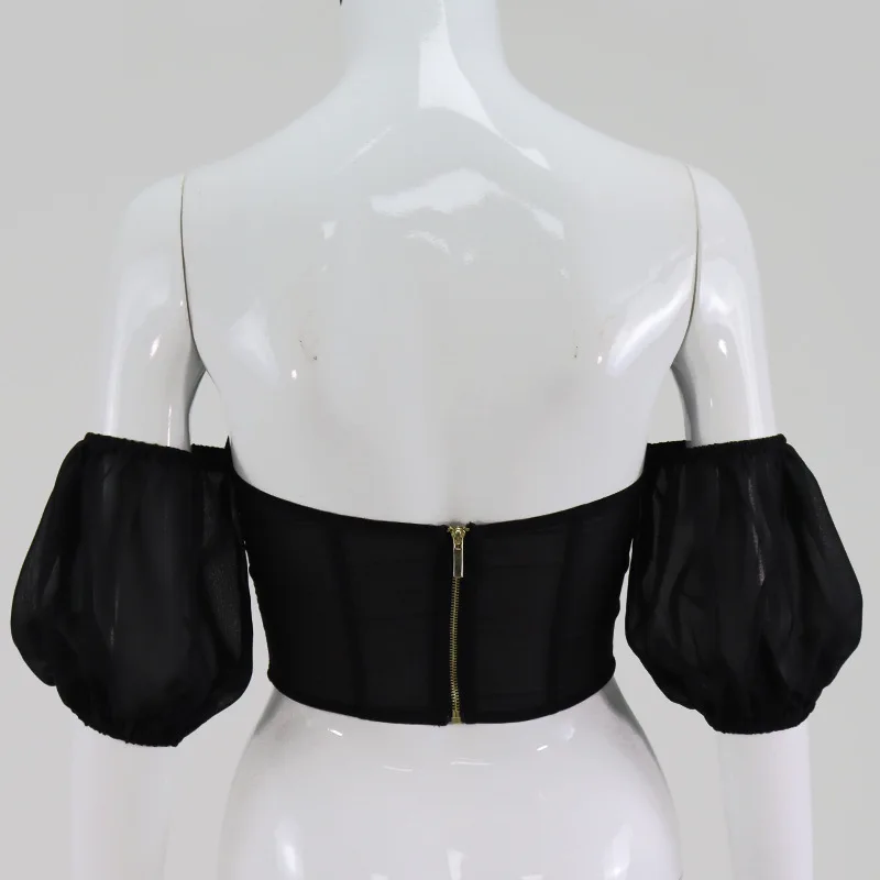 

WEPBEL Chiffon Mesh Shirt Women's Sexy Slim Shirt Summer Lantern Sleeve Backless Off-Shoulder Slash Neck Solid Color Shirt