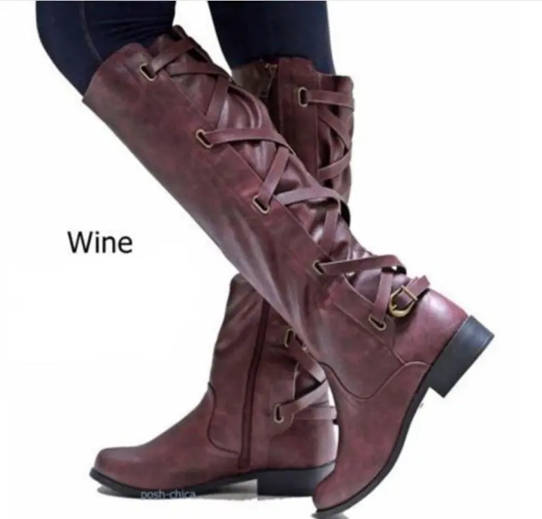Модные женские сапоги до колена из искусственной кожи с круглым носком; botas mujer; удобные женские сапоги на квадратном каблуке; резиновая обувь в римском стиле; женские ботинки; сезон осень; - Цвет: Красный