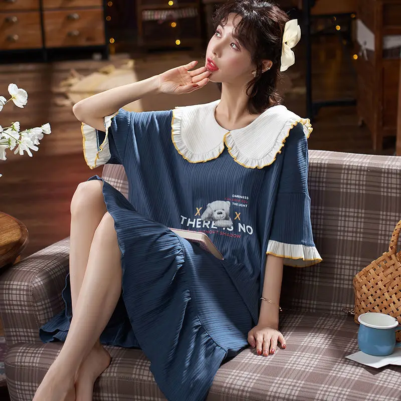 New Style Cotton Pajamas Ladies Summer Short-sleeved Nightdress Female Korean Style Cute Loose Plus Over-the-knee Home Service