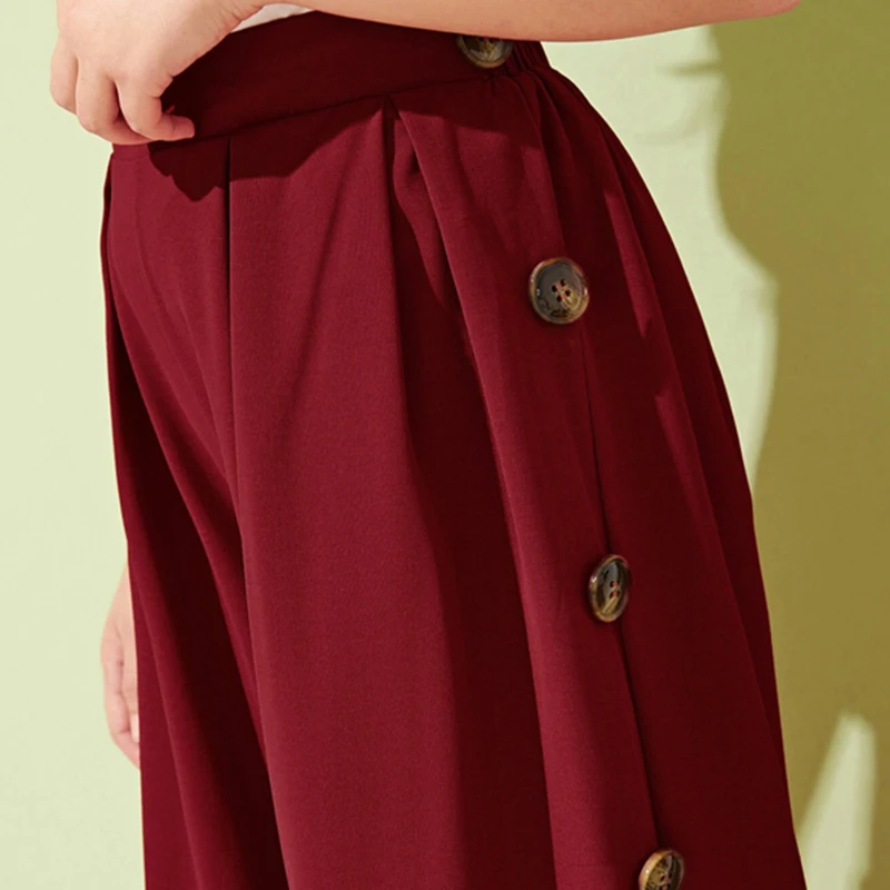 SHEIN Kiddie Girls Solid Button Side Pleated Palazzo Casual Pant Kids Bottom Summer High Waist Teenagers Loose Pants