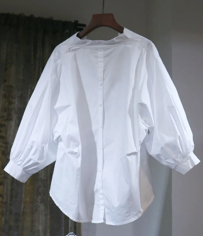 Женская Асимметричная блузка однотонная белая Свободная рубашка с V-образным