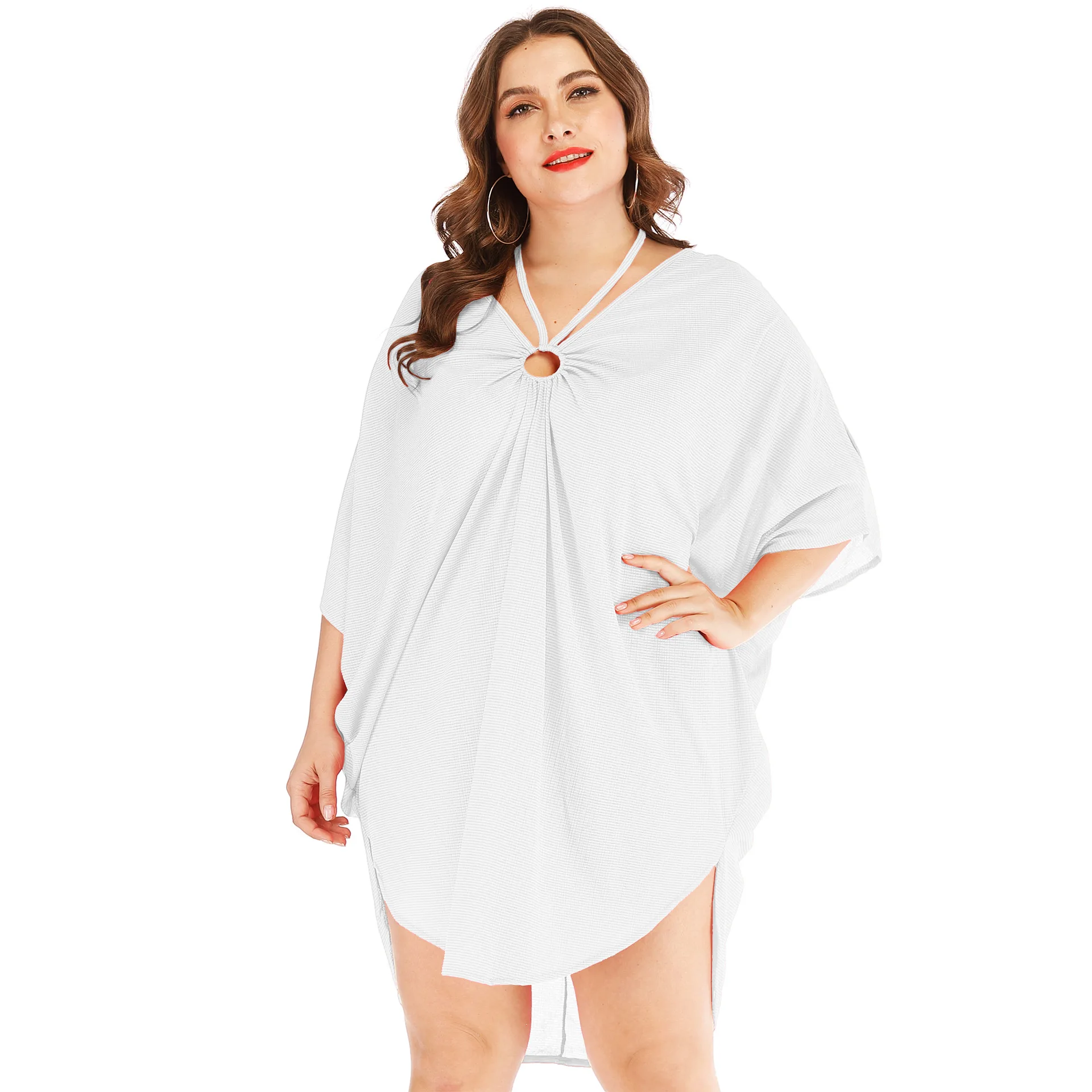 

Sexy Dress V neck Halter Batwing Sleeve Beach Overclothes Loose Large Size Solid Color Beach Dress Cross Border Robe Femme 2021