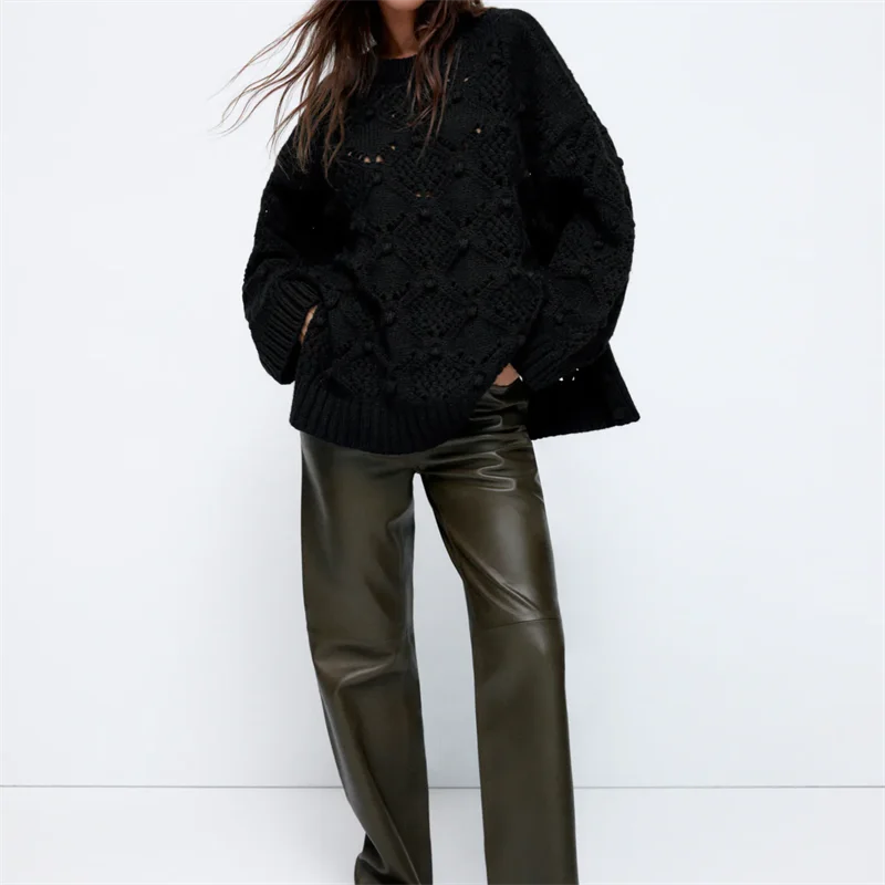 

MESTTRAF Women 2021 Fashion Ball Shaped Knitted Loose Cape Sweater Retro Long Sleeve Sweater Streetwear