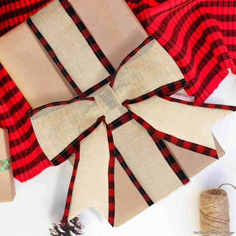 

5.5m/Roll Ribbon Imitation Hemp Ribbon Wire Wire Edge Linen Ribbon Christmas Decoration Red and Black Snowflake Plaid Ribbon