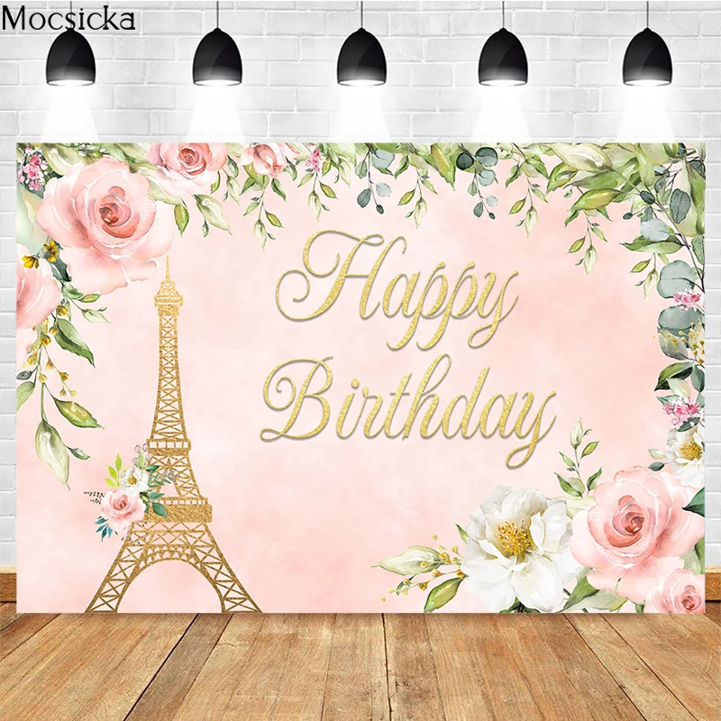 

Mocsicka Happy Birthday Photography Background Paris Tower Decoration Props Child Portrait Baby Shower Photo Backdrop Banner