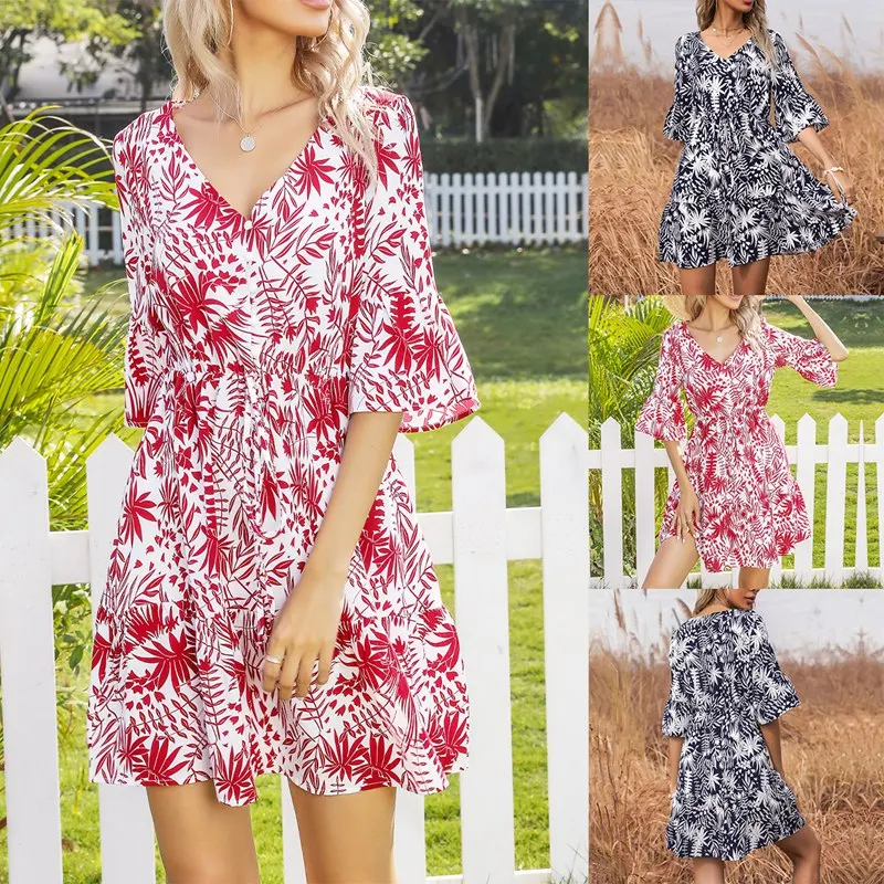 

Women'S Retro Print V-Neck Strap Flared Sleeve Dress
