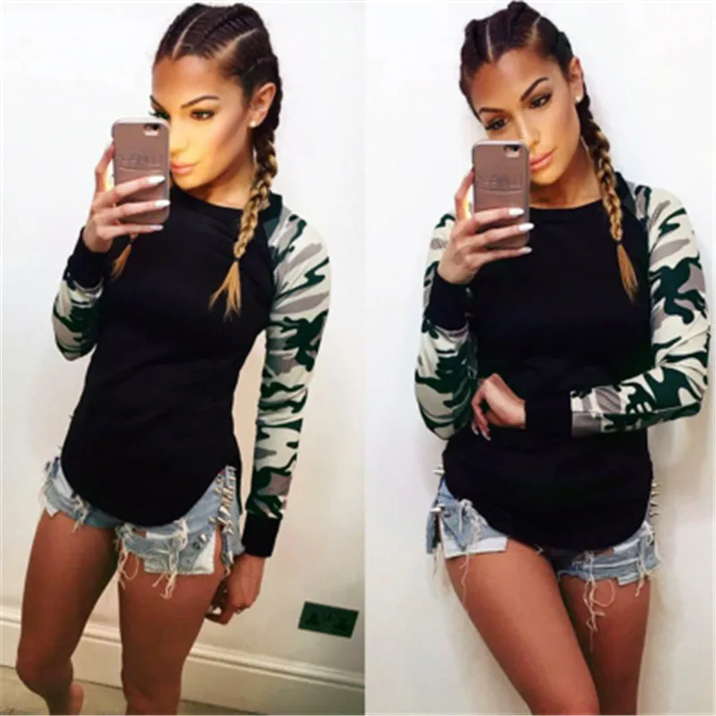 T-shirts For Women Autumn Long-sleeved Camouflage Print Patchwork Top T-shirt Female Casual Streetwear Black Cotton Shirt Slim | Женская
