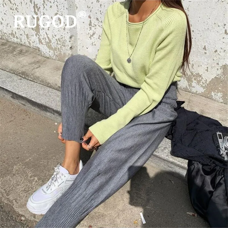 Удобные Свободные трикотажные брюки RUGOD однотонные плотные Wram осень 2019 | Женская