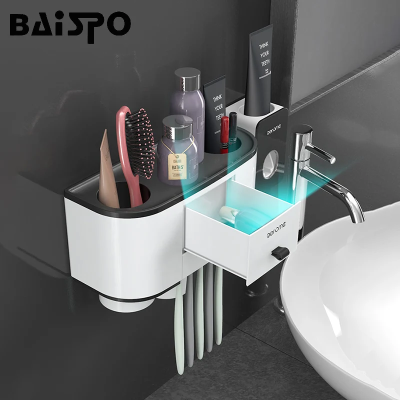 BAISPO держатель для зубных щеток Автоматический Диспенсер для зубной пасты соковыжималка для ванной комнаты Стеллаж для хранения настенное крепление аксессуары для ванной комнаты наборы