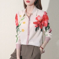 new autumn big floral printed women shirt casual long purple sleeve loose elegant office ladies buttons thin female blouse 2021