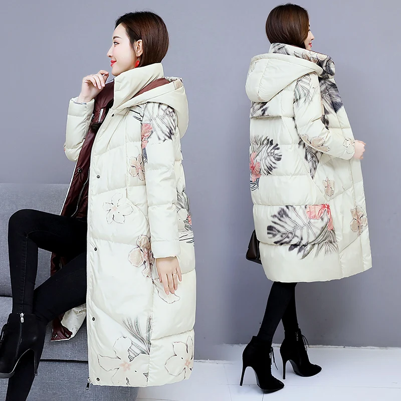 Flower Print Winter jacket Women Long Parkas Slim Down Coat Female Thick Warm Jacket Overcoat 0811-245 | Женская одежда