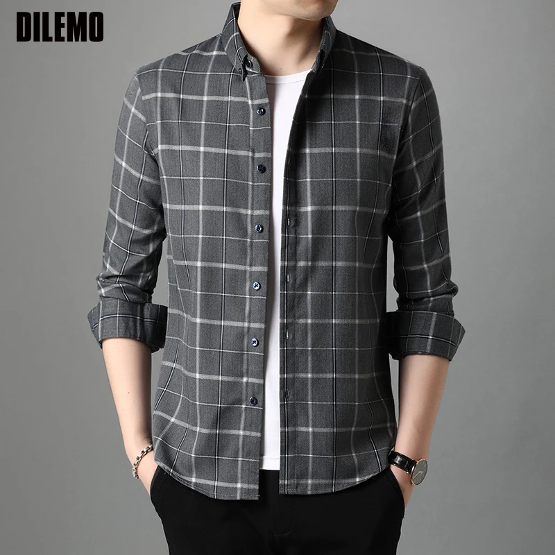 

2021 Top Quality New Designer Fashion Brand Slim Fit Mens Classic Plaid Shirts Long Sleeve Plain Checkered Casual Clothes Men