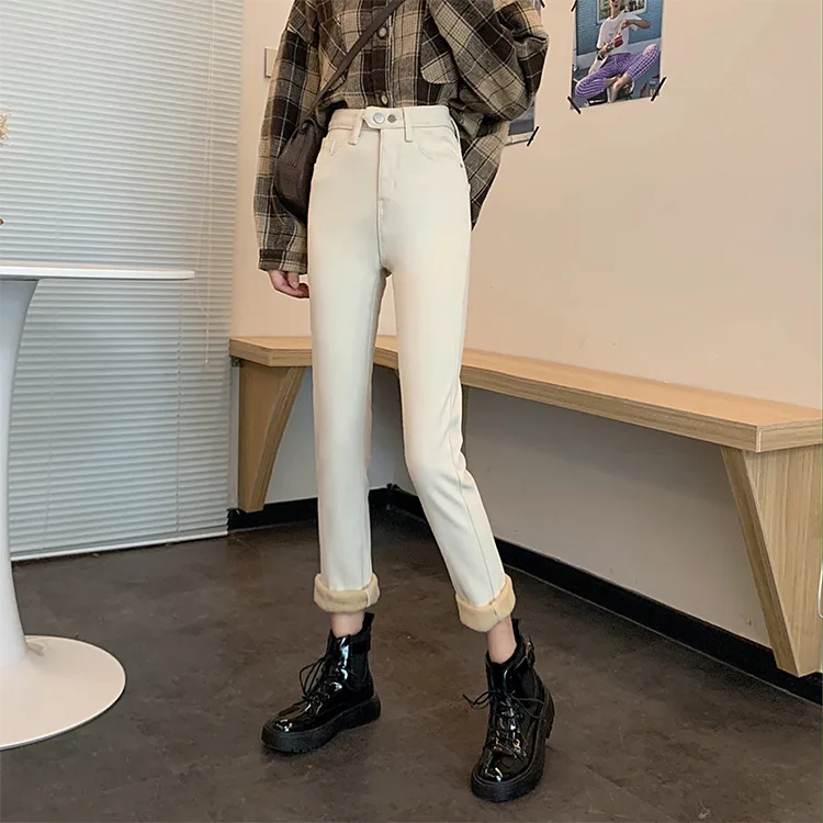 

4xl Fall Winter Plus Size Pants Women Plush Thickened Jeans Straight Tube Slim Jeans Pants Women