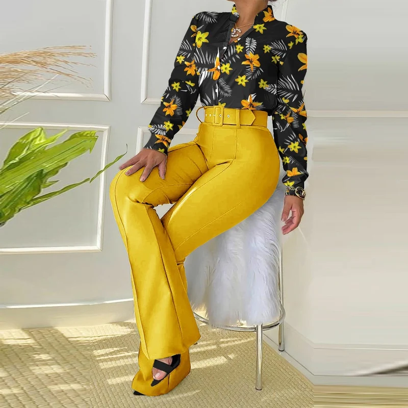 

2022 Spring Office Lady Shirt Set Casual Stand Collar Button Blouse And Solid High Waist Pants Outfits Elegant Long Sleeve Suits