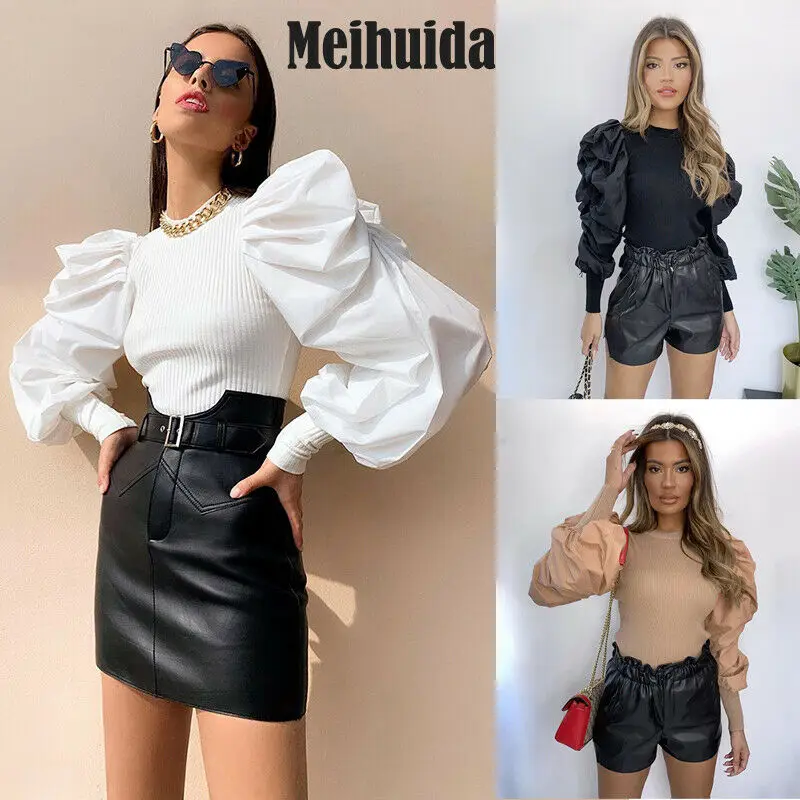 Модные женские туфли с буффами на рукавах вязаный Топ в стиле пэчворк круглым