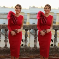 elegant red tea length mother of the bride dresses short sheath long sleeve custom made god mothers wedding party evening gown