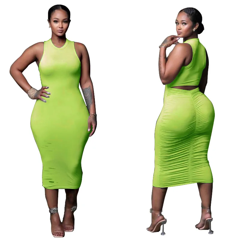 

2020 Women Solid Color Hole Cut Out Back Stacked Midi Bodycon Dress Sexy Party Club Night Ruched Pencil Dresses Vestidos