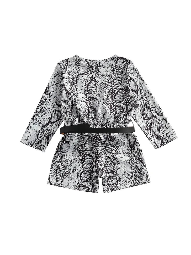 

Toddler Kids Girl Long Sleeve Romper Shorts, V Neck Snake Printed Short Jumpsuit with Belt