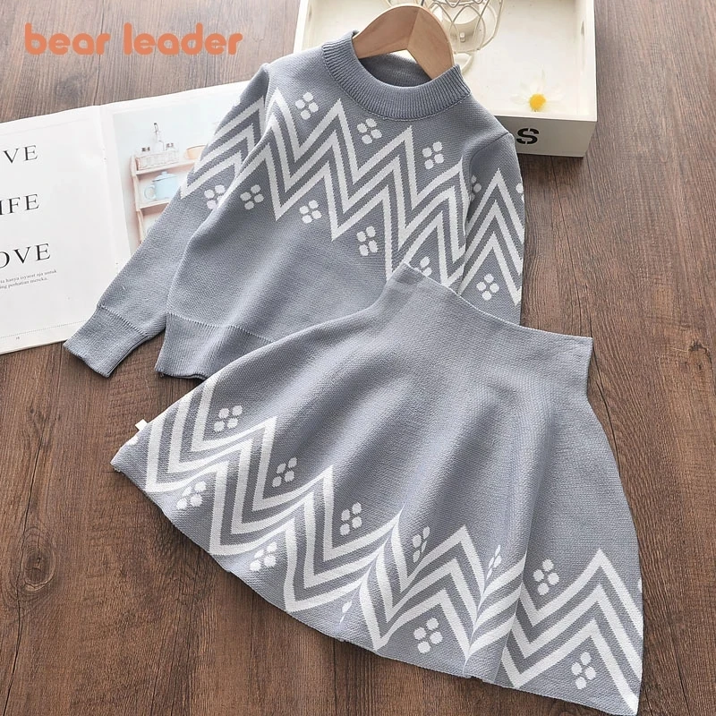 

Bear Leader Girls Dress 2021 Winter Geometric Pattern Dress Long Sleeve Girls Clothes Top Coat+ Tutu Dress Sweater Knitwear 2pcs