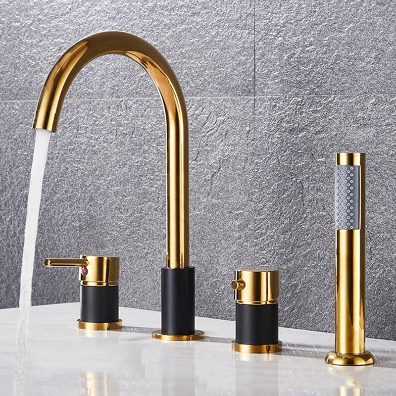

Basin Faucet Mixer Bathroom Sink Faucet Gold and Black Deck Mounted Thermostatic Bathtub Faucet 4 Holes 2 Handles Hot & Cold Tap