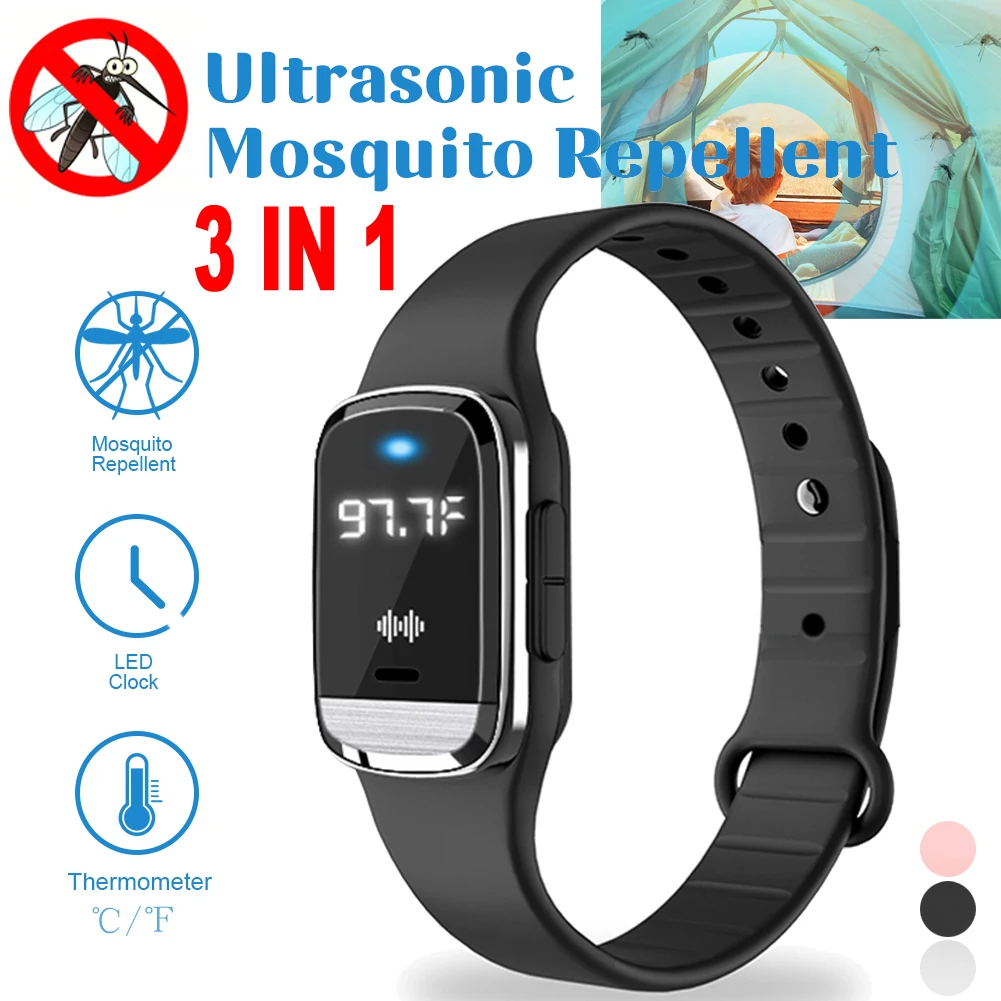 

3IN 1 Ultrasonic Mosquito Repellent Bracelet Waterproof Wrist Temperature Monitoring LED Clock Mosquito Repellent Bracelet Watch