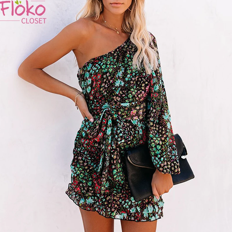 

Платье Flokocloset с диагональным воротником и длинным рукавом, мини-платье с принтом, сексуальное летнее женское пляжное платье на одно плечо, с...