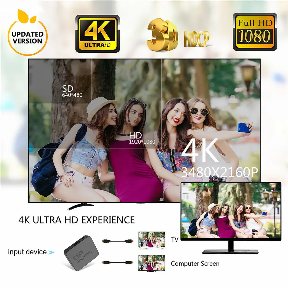 4K 1080p HDCP HDMI-совместимый сплиттер 1x2 усилитель сигнала Аудио Видео распределитель