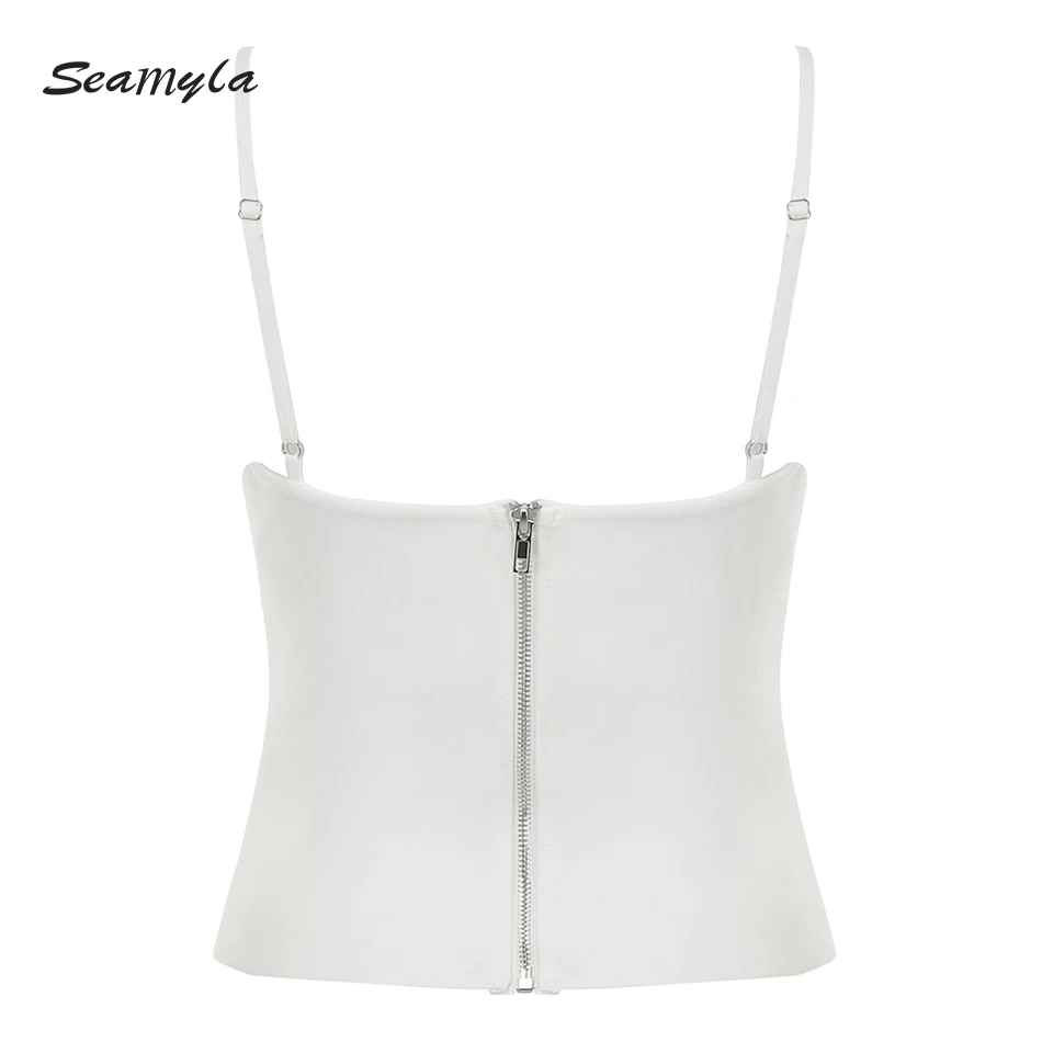 Seamyla 2021 New Summer Women White V Neck Sleeveless Solid Skinny Bodycon Bandage Camis High Quality Sexy Elegant Evening Clubs