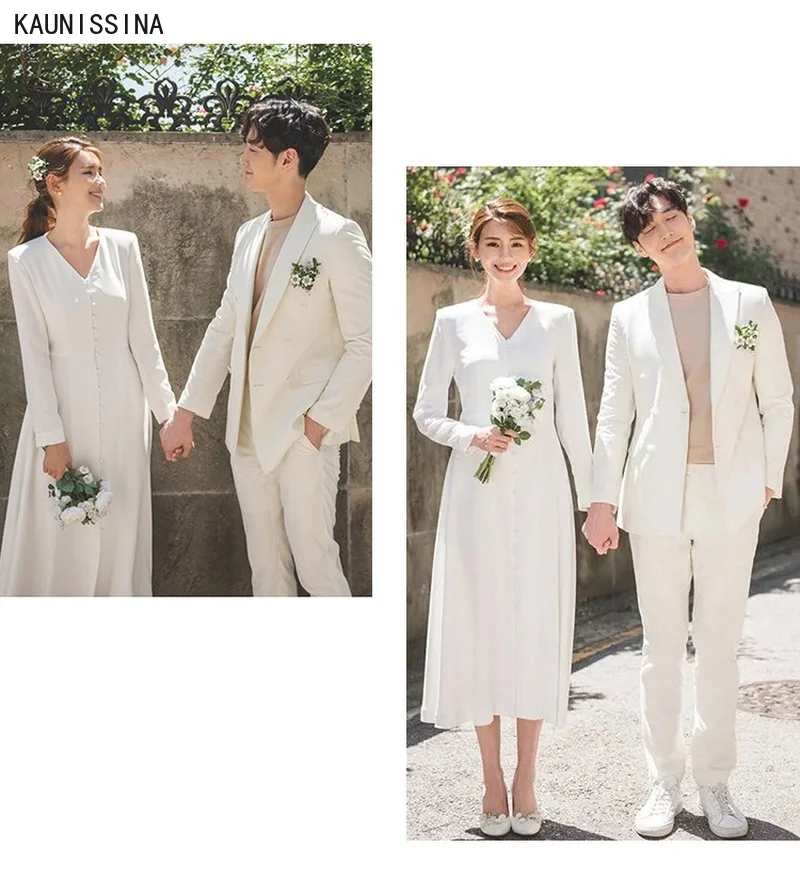 

KAUNISSINA Simple Wedding Dress Long Sleeve V-Neck Bridal Dresses Mid-Calf Women A-Line White Wedding Gowns vestidos de novia