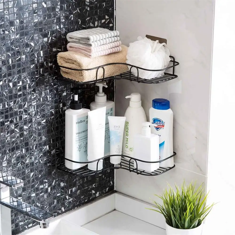

Bathroom Corner Shelf Stand Organizer Kitchen Living Room Metal Wall-Mounted Paste Corner Rack save Space Rangement