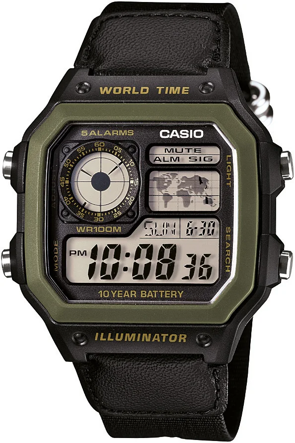 

Часы наручные Casio AE-1200WHB-1BVDF мужские цифровые водонепроницаемые, ремешок из НАТО, срок службы батареи 10 лет, модные, в европейском и американс...