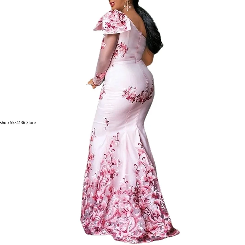 2021 Foral Print Pink One Shoulder Dress Tunic Peplum African vestidos de fiesta Bodycon Long Mermaid for Wedding Party | Женская одежда