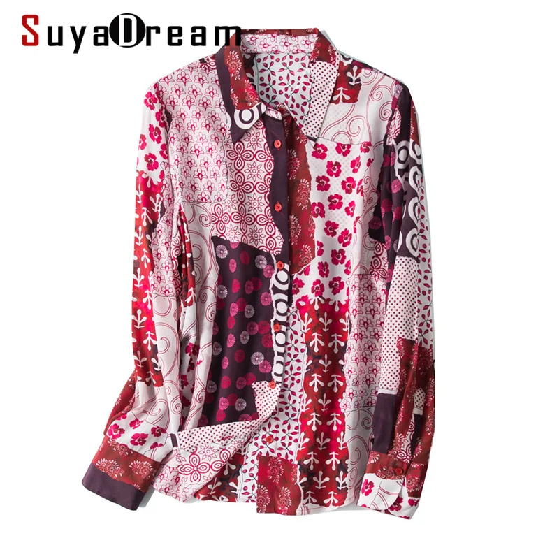 SuyaDream Женская 100% Шелковая креповая блузка с длинными рукавами принтом отложным
