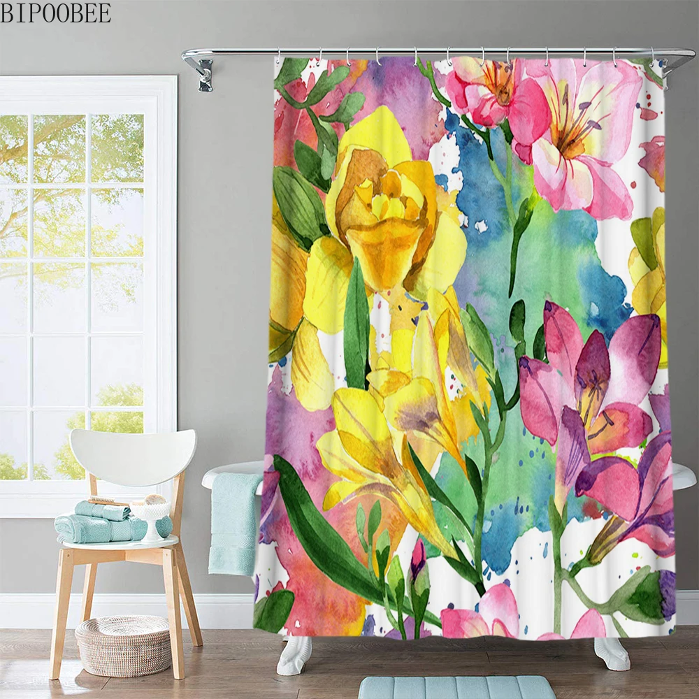 

Beautiful Flowers Shower Curtain Cartoon Animal Printed Bathroom Curtains Polyester Fabric Home Decor Bathtub Screen with Hooks