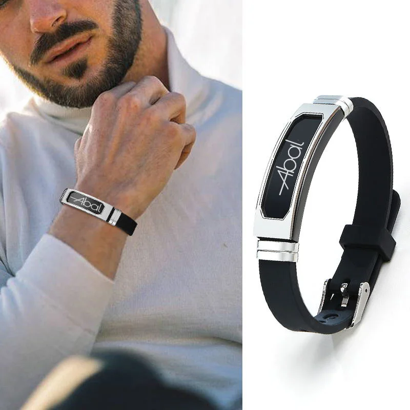 

Men Bracelet,Black Silicone Wristband, Stainless Steel Two Tone Tag Brazalets,Gift for Husband Boyfriend