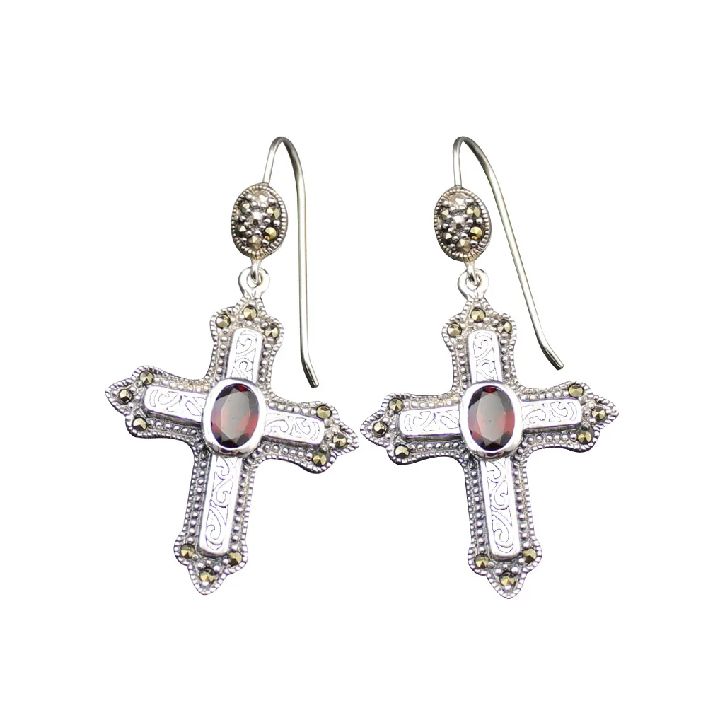 

2021 New Fashion 925 Sterling Silver Jewelry Red Garnet 58mm earring drop with Geometric shape Gemstone for women