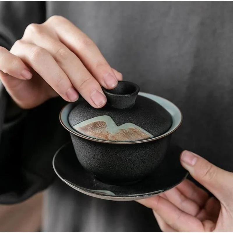 Черная керамическая крышка искусственная Керамическая ручная чаша чайная для
