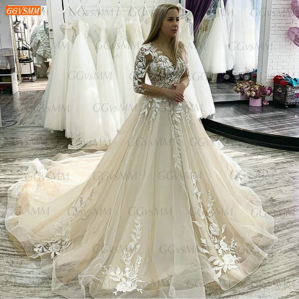 Romantic Boho Champagne Wedding Dress Long Sleeves Lace Appliqued Tulle Princess Gowns 2020 Custom Made Bride Dresses | Свадьбы и