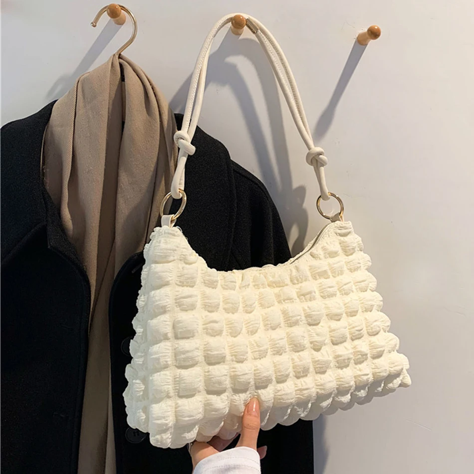 

Winter Fashion Women's Shoulder Bag Top Quality Soft Cotton Ultra Light Underarm Bag Brand Designer Pleated Plaid Female Handbag
