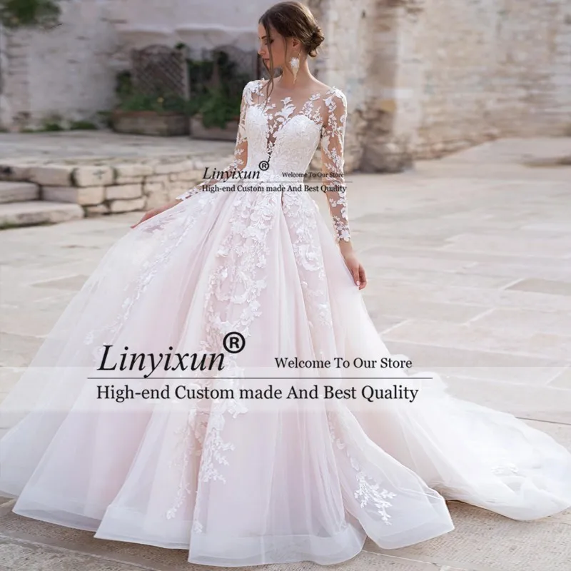 

Romantic Scoop Neck A Line Wedding Dresses Gorgeous Appliques Lace Tulle Long Sleeve Bridal Gown Court Train Vestidos De Novia