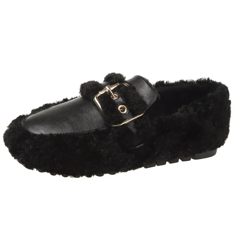 

2020 New Women Shoes Woman Warm Plush Fur Casual Shoes Slip on Autumn Winter Square Metal Buckle Loafers Flats Plus Size
