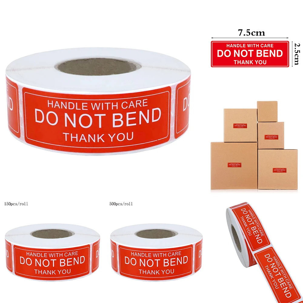 

500pcs/roll Red Warning Sticker Fragile Handle With Care Do Not Bend 2.5x7.5cm Transport Packaging Remind Labels