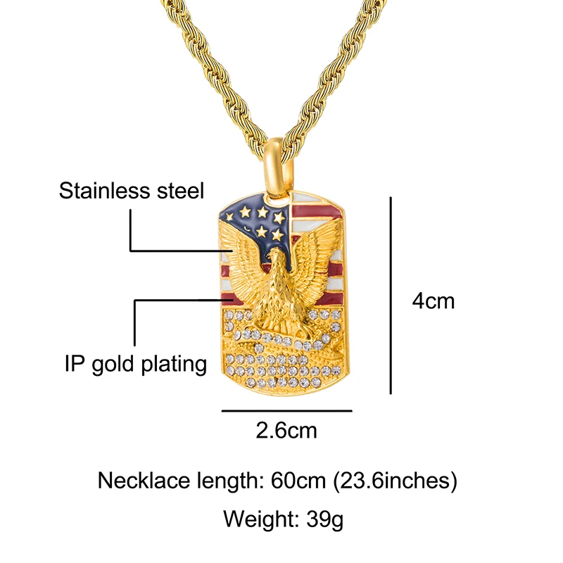 Хип хоп Iced Out Bling американский флаг с орлом проложили стразом из нержавеющей стали